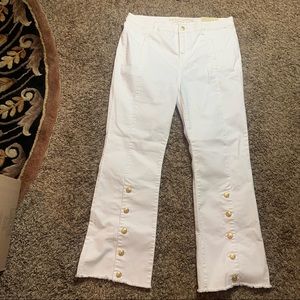 Soft Surroundings White Flare Pants with Gold Accents